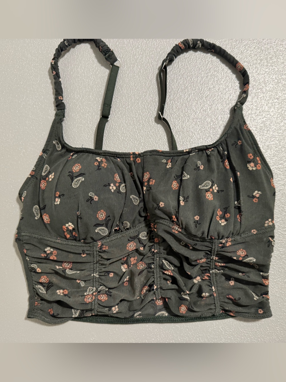 aerie Dark Green Floral Paisley Ruched Crop Tank Bralette XS - Picture 7 of 8